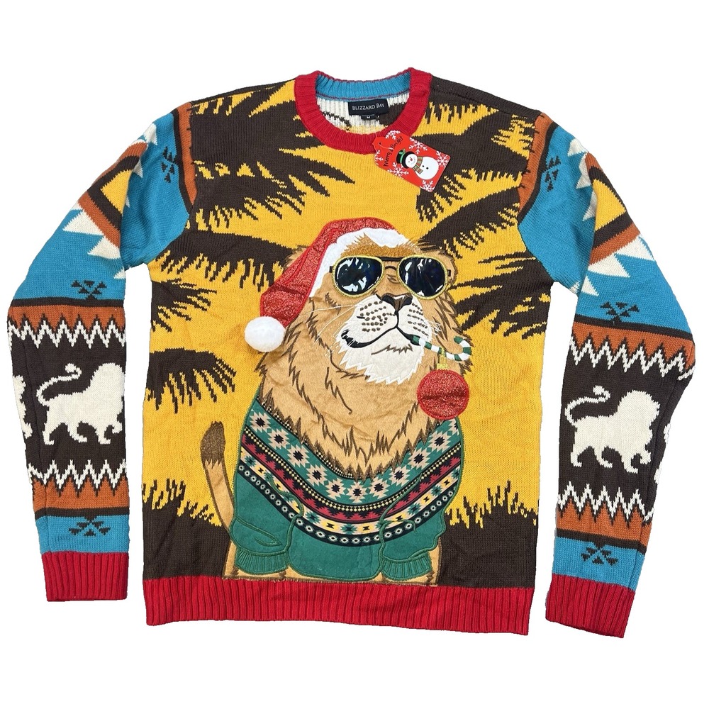Blizzard Bay LION SAFARI Zoo Animal Festive Sz S‎ Ugly Christmas Sweater aztec
